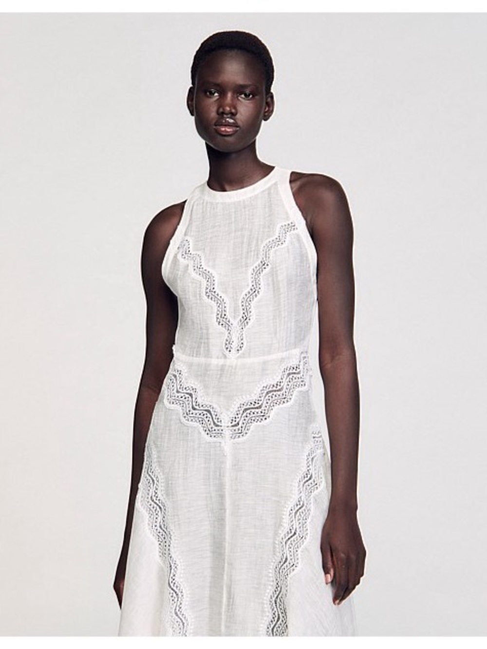Sandro White Sleeveless Linen Dress with Lace Detail - Picture 2 of 7